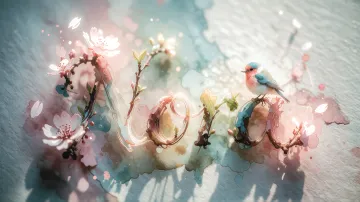 Nora horizontal diseño 11 - Un delicado diseño de estilo acuarela digital que combina una tipografía de caligrafía personalizada para el nombre en tonos dorados y rosados suaves, adornada con pequeñas hojas y brotes. Un pajarito azul y naranja vibrante está posado en una de las letras. Todo está rodeado por un marco circular de ramas de cerezo en flor con delicadas flores rosadas y blancas. El fondo es un lavado de acuarela difuminado en tonos pastel suaves de azul cerceta, rosa rubor y melocotón sobre una textura de papel rugoso, con destellos luminosos y motas de luz bokeh flotando alrededor, creando una atmósfera mágica y soñadora. Las sombras suaves proyectadas añaden profundidad.