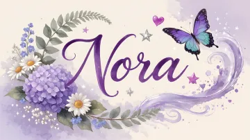 Nora horizontal diseño 2 - Diseño elegante de hortensias en tonos lila y morados suaves, con volutas estilizadas y una mariposa mística que aporta un toque etéreo y mágico.