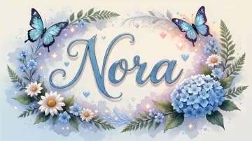 Nora horizontal diseño 4 - Composición magica con nombre en letra cursiva azul, rodeado de hortensias azules, margaritas blancas y delicadas flores silvestres, enmarcado por suaves remolinos de agua, mariposas azules y destellos estelares sobre un fondo etéreo y romántico.