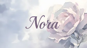 Nora horizontal diseño 5 - Nombre en elegante tipografía cursiva caligráfica en tono lavanda, sobre fondo acuarela de cielo nublado en tonos pastel (azul, blanco, lavanda), decorado con rosa en acuarela de pétalos rosa pálido, blanco crema y lilas suaves con hojas en gris-verde.