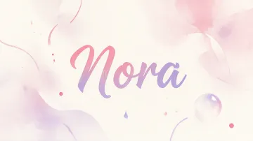 Nora horizontal diseño 7 - Diseño abstracto en acuarela sobre fondo crema, con manchas fluidas y etéreas en rosa pastel y lila, líneas curvas que aportan movimiento, pequeñas gotas salpicadas cayendo verticalmente y una burbuja translúcida en la parte superior izquierda. El nombre resalta al centro con una tipografía cursiva amplia y elegante en degradado rosa a morado.