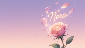Nora horizontal diseño 8 - Fondo de Pantalla con degradado suave que transiciona de lila en la parte superior a melocotón y rosa pastel en la base, destacando una rosa rosada hiperrealista con tallo y hojas verdes. El nombre brilla en tipografía cursiva con efecto neón cálido, adornado con pétalos cayendo y chispas de luz mágica.