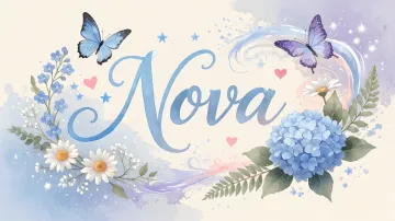 Nova horizontal diseño 1 - Hortensias azules, flores pequeñas y acuarela suave con mariposas azules y brillo etéreo