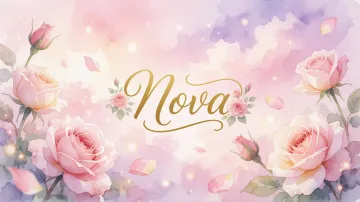 Nova horizontal diseño 10 - Diseño estilo acuarela con un fondo etéreo y texturizado en nubes de tonos rosa pastel y lila suave. Presenta composiciones de rosas abiertas y capullos en los bordes inferior y superior, con pétalos cayendo delicadamente. Incorpora destellos de luz cálida (efecto bokeh) y, en el centro, resalta una tipografía elegante, cursiva y fluida en color dorado.