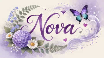 Nova horizontal diseño 2 - Diseño elegante de hortensias en tonos lila y morados suaves, con volutas estilizadas y una mariposa mística que aporta un toque etéreo y mágico.