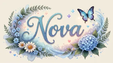 Nova horizontal diseño 4 - Composición magica con nombre en letra cursiva azul, rodeado de hortensias azules, margaritas blancas y delicadas flores silvestres, enmarcado por suaves remolinos de agua, mariposas azules y destellos estelares sobre un fondo etéreo y romántico.