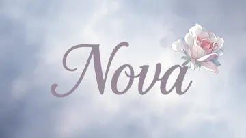 Nova horizontal diseño 5 - Nombre en elegante tipografía cursiva caligráfica en tono lavanda, sobre fondo acuarela de cielo nublado en tonos pastel (azul, blanco, lavanda), decorado con rosa en acuarela de pétalos rosa pálido, blanco crema y lilas suaves con hojas en gris-verde.