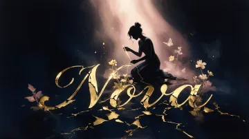 Nova horizontal diseño 6 - Composición de ilustración semirrealista cinematográfica con silueta femenina tejiendo un hilo dorado de luz sobre un suelo oscuro fracturado al estilo Kintsugi, donde el nombre resalta en un prominente guión caligráfico dorado que emerge de las grietas, rodeado de flores blancas, mariposas y un fondo degradado de azules profundos iluminado por una luz celestial en tonos melocotón y crema, con una frase de aliento en tipografía blanca en la parte inferior.