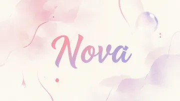 Nova horizontal diseño 7 - Diseño abstracto en acuarela sobre fondo crema, con manchas fluidas y etéreas en rosa pastel y lila, líneas curvas que aportan movimiento, pequeñas gotas salpicadas cayendo verticalmente y una burbuja translúcida en la parte superior izquierda. El nombre resalta al centro con una tipografía cursiva amplia y elegante en degradado rosa a morado.