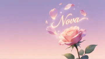 Nova horizontal diseño 8 - Fondo de Pantalla con degradado suave que transiciona de lila en la parte superior a melocotón y rosa pastel en la base, destacando una rosa rosada hiperrealista con tallo y hojas verdes. El nombre brilla en tipografía cursiva con efecto neón cálido, adornado con pétalos cayendo y chispas de luz mágica.