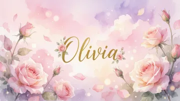 Olivia horizontal diseño 10 - Diseño estilo acuarela con un fondo etéreo y texturizado en nubes de tonos rosa pastel y lila suave. Presenta composiciones de rosas abiertas y capullos en los bordes inferior y superior, con pétalos cayendo delicadamente. Incorpora destellos de luz cálida (efecto bokeh) y, en el centro, resalta una tipografía elegante, cursiva y fluida en color dorado.