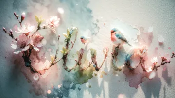 Olivia horizontal diseño 11 - Un delicado diseño de estilo acuarela digital que combina una tipografía de caligrafía personalizada para el nombre en tonos dorados y rosados suaves, adornada con pequeñas hojas y brotes. Un pajarito azul y naranja vibrante está posado en una de las letras. Todo está rodeado por un marco circular de ramas de cerezo en flor con delicadas flores rosadas y blancas. El fondo es un lavado de acuarela difuminado en tonos pastel suaves de azul cerceta, rosa rubor y melocotón sobre una textura de papel rugoso, con destellos luminosos y motas de luz bokeh flotando alrededor, creando una atmósfera mágica y soñadora. Las sombras suaves proyectadas añaden profundidad.