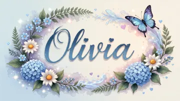 Olivia horizontal diseño 4 - Composición magica con nombre en letra cursiva azul, rodeado de hortensias azules, margaritas blancas y delicadas flores silvestres, enmarcado por suaves remolinos de agua, mariposas azules y destellos estelares sobre un fondo etéreo y romántico.