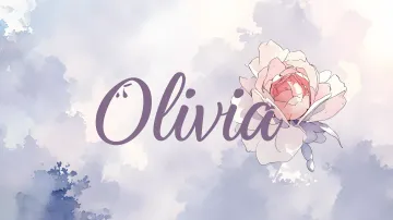 Olivia horizontal diseño 5 - Nombre en elegante tipografía cursiva caligráfica en tono lavanda, sobre fondo acuarela de cielo nublado en tonos pastel (azul, blanco, lavanda), decorado con rosa en acuarela de pétalos rosa pálido, blanco crema y lilas suaves con hojas en gris-verde.
