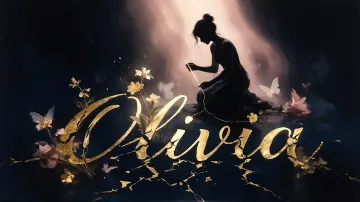 Olivia horizontal diseño 6 - Composición de ilustración semirrealista cinematográfica con silueta femenina tejiendo un hilo dorado de luz sobre un suelo oscuro fracturado al estilo Kintsugi, donde el nombre resalta en un prominente guión caligráfico dorado que emerge de las grietas, rodeado de flores blancas, mariposas y un fondo degradado de azules profundos iluminado por una luz celestial en tonos melocotón y crema, con una frase de aliento en tipografía blanca en la parte inferior.