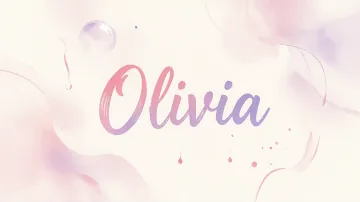 Olivia horizontal diseño 7 - Diseño abstracto en acuarela sobre fondo crema, con manchas fluidas y etéreas en rosa pastel y lila, líneas curvas que aportan movimiento, pequeñas gotas salpicadas cayendo verticalmente y una burbuja translúcida en la parte superior izquierda. El nombre resalta al centro con una tipografía cursiva amplia y elegante en degradado rosa a morado.