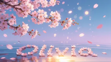 Olivia horizontal diseño 9 - Composición serena y onírica con ramas de cerezo en flor (sakura) en la parte superior contra un cielo en degradado de azul suave y lila. Pétalos de color rosa pastel flotan delicadamente en el aire cayendo hacia una superficie de agua tranquila y cristalina. En el centro inferior, el nombre está formado por pétalos de flores con un sutil efecto de relieve 3D y tipografía floral, reflejándose sobre el agua que está iluminada por un cálido destello dorado de luz solar en la esquina inferior derecha.