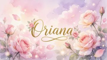 Oriana horizontal diseño 10 - Diseño estilo acuarela con un fondo etéreo y texturizado en nubes de tonos rosa pastel y lila suave. Presenta composiciones de rosas abiertas y capullos en los bordes inferior y superior, con pétalos cayendo delicadamente. Incorpora destellos de luz cálida (efecto bokeh) y, en el centro, resalta una tipografía elegante, cursiva y fluida en color dorado.