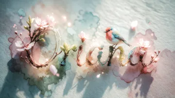 Oriana horizontal diseño 11 - Un delicado diseño de estilo acuarela digital que combina una tipografía de caligrafía personalizada para el nombre en tonos dorados y rosados suaves, adornada con pequeñas hojas y brotes. Un pajarito azul y naranja vibrante está posado en una de las letras. Todo está rodeado por un marco circular de ramas de cerezo en flor con delicadas flores rosadas y blancas. El fondo es un lavado de acuarela difuminado en tonos pastel suaves de azul cerceta, rosa rubor y melocotón sobre una textura de papel rugoso, con destellos luminosos y motas de luz bokeh flotando alrededor, creando una atmósfera mágica y soñadora. Las sombras suaves proyectadas añaden profundidad.