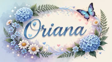 Oriana horizontal diseño 4 - Composición magica con nombre en letra cursiva azul, rodeado de hortensias azules, margaritas blancas y delicadas flores silvestres, enmarcado por suaves remolinos de agua, mariposas azules y destellos estelares sobre un fondo etéreo y romántico.