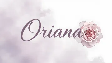 Oriana horizontal diseño 5 - Nombre en elegante tipografía cursiva caligráfica en tono lavanda, sobre fondo acuarela de cielo nublado en tonos pastel (azul, blanco, lavanda), decorado con rosa en acuarela de pétalos rosa pálido, blanco crema y lilas suaves con hojas en gris-verde.