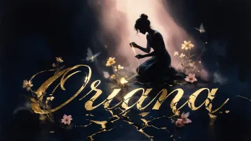 Oriana horizontal diseño 6 - Composición de ilustración semirrealista cinematográfica con silueta femenina tejiendo un hilo dorado de luz sobre un suelo oscuro fracturado al estilo Kintsugi, donde el nombre resalta en un prominente guión caligráfico dorado que emerge de las grietas, rodeado de flores blancas, mariposas y un fondo degradado de azules profundos iluminado por una luz celestial en tonos melocotón y crema, con una frase de aliento en tipografía blanca en la parte inferior.