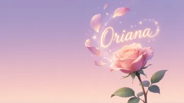 Oriana horizontal diseño 8 - Fondo de Pantalla con degradado suave que transiciona de lila en la parte superior a melocotón y rosa pastel en la base, destacando una rosa rosada hiperrealista con tallo y hojas verdes. El nombre brilla en tipografía cursiva con efecto neón cálido, adornado con pétalos cayendo y chispas de luz mágica.