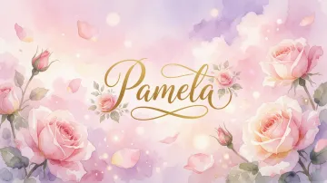 Pamela horizontal diseño 10 - Diseño estilo acuarela con un fondo etéreo y texturizado en nubes de tonos rosa pastel y lila suave. Presenta composiciones de rosas abiertas y capullos en los bordes inferior y superior, con pétalos cayendo delicadamente. Incorpora destellos de luz cálida (efecto bokeh) y, en el centro, resalta una tipografía elegante, cursiva y fluida en color dorado.