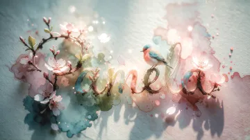 Pamela horizontal diseño 11 - Un delicado diseño de estilo acuarela digital que combina una tipografía de caligrafía personalizada para el nombre en tonos dorados y rosados suaves, adornada con pequeñas hojas y brotes. Un pajarito azul y naranja vibrante está posado en una de las letras. Todo está rodeado por un marco circular de ramas de cerezo en flor con delicadas flores rosadas y blancas. El fondo es un lavado de acuarela difuminado en tonos pastel suaves de azul cerceta, rosa rubor y melocotón sobre una textura de papel rugoso, con destellos luminosos y motas de luz bokeh flotando alrededor, creando una atmósfera mágica y soñadora. Las sombras suaves proyectadas añaden profundidad.