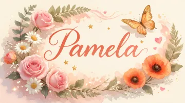 Pamela horizontal diseño 3 - Elegante composición de rosas rosadas y amapolas naranjas con mariposas doradas brillantes sobre un fondo cálido, romántico y mágico.