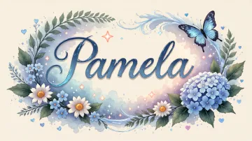 Pamela horizontal diseño 4 - Composición magica con nombre en letra cursiva azul, rodeado de hortensias azules, margaritas blancas y delicadas flores silvestres, enmarcado por suaves remolinos de agua, mariposas azules y destellos estelares sobre un fondo etéreo y romántico.