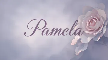 Pamela horizontal diseño 5 - Nombre en elegante tipografía cursiva caligráfica en tono lavanda, sobre fondo acuarela de cielo nublado en tonos pastel (azul, blanco, lavanda), decorado con rosa en acuarela de pétalos rosa pálido, blanco crema y lilas suaves con hojas en gris-verde.