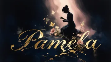Pamela horizontal diseño 6 - Composición de ilustración semirrealista cinematográfica con silueta femenina tejiendo un hilo dorado de luz sobre un suelo oscuro fracturado al estilo Kintsugi, donde el nombre resalta en un prominente guión caligráfico dorado que emerge de las grietas, rodeado de flores blancas, mariposas y un fondo degradado de azules profundos iluminado por una luz celestial en tonos melocotón y crema, con una frase de aliento en tipografía blanca en la parte inferior.