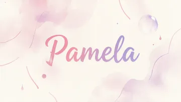 Pamela horizontal diseño 7 - Diseño abstracto en acuarela sobre fondo crema, con manchas fluidas y etéreas en rosa pastel y lila, líneas curvas que aportan movimiento, pequeñas gotas salpicadas cayendo verticalmente y una burbuja translúcida en la parte superior izquierda. El nombre resalta al centro con una tipografía cursiva amplia y elegante en degradado rosa a morado.