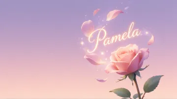 Pamela horizontal diseño 8 - Fondo de Pantalla con degradado suave que transiciona de lila en la parte superior a melocotón y rosa pastel en la base, destacando una rosa rosada hiperrealista con tallo y hojas verdes. El nombre brilla en tipografía cursiva con efecto neón cálido, adornado con pétalos cayendo y chispas de luz mágica.