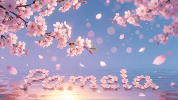 Pamela horizontal diseño 9 - Composición serena y onírica con ramas de cerezo en flor (sakura) en la parte superior contra un cielo en degradado de azul suave y lila. Pétalos de color rosa pastel flotan delicadamente en el aire cayendo hacia una superficie de agua tranquila y cristalina. En el centro inferior, el nombre está formado por pétalos de flores con un sutil efecto de relieve 3D y tipografía floral, reflejándose sobre el agua que está iluminada por un cálido destello dorado de luz solar en la esquina inferior derecha.