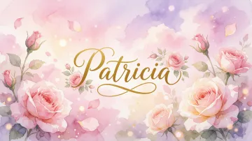 Patricia horizontal diseño 10 - Diseño estilo acuarela con un fondo etéreo y texturizado en nubes de tonos rosa pastel y lila suave. Presenta composiciones de rosas abiertas y capullos en los bordes inferior y superior, con pétalos cayendo delicadamente. Incorpora destellos de luz cálida (efecto bokeh) y, en el centro, resalta una tipografía elegante, cursiva y fluida en color dorado.