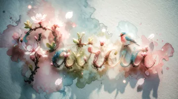 Patricia horizontal diseño 11 - Un delicado diseño de estilo acuarela digital que combina una tipografía de caligrafía personalizada para el nombre en tonos dorados y rosados suaves, adornada con pequeñas hojas y brotes. Un pajarito azul y naranja vibrante está posado en una de las letras. Todo está rodeado por un marco circular de ramas de cerezo en flor con delicadas flores rosadas y blancas. El fondo es un lavado de acuarela difuminado en tonos pastel suaves de azul cerceta, rosa rubor y melocotón sobre una textura de papel rugoso, con destellos luminosos y motas de luz bokeh flotando alrededor, creando una atmósfera mágica y soñadora. Las sombras suaves proyectadas añaden profundidad.
