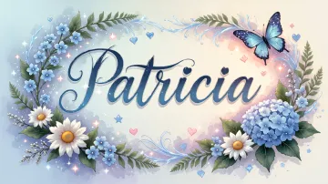 Patricia horizontal diseño 4 - Composición magica con nombre en letra cursiva azul, rodeado de hortensias azules, margaritas blancas y delicadas flores silvestres, enmarcado por suaves remolinos de agua, mariposas azules y destellos estelares sobre un fondo etéreo y romántico.