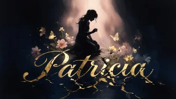 Patricia horizontal diseño 6 - Composición de ilustración semirrealista cinematográfica con silueta femenina tejiendo un hilo dorado de luz sobre un suelo oscuro fracturado al estilo Kintsugi, donde el nombre resalta en un prominente guión caligráfico dorado que emerge de las grietas, rodeado de flores blancas, mariposas y un fondo degradado de azules profundos iluminado por una luz celestial en tonos melocotón y crema, con una frase de aliento en tipografía blanca en la parte inferior.