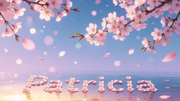 Patricia horizontal diseño 9 - Composición serena y onírica con ramas de cerezo en flor (sakura) en la parte superior contra un cielo en degradado de azul suave y lila. Pétalos de color rosa pastel flotan delicadamente en el aire cayendo hacia una superficie de agua tranquila y cristalina. En el centro inferior, el nombre está formado por pétalos de flores con un sutil efecto de relieve 3D y tipografía floral, reflejándose sobre el agua que está iluminada por un cálido destello dorado de luz solar en la esquina inferior derecha.