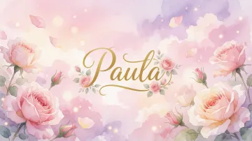 Paula horizontal diseño 10 - Diseño estilo acuarela con un fondo etéreo y texturizado en nubes de tonos rosa pastel y lila suave. Presenta composiciones de rosas abiertas y capullos en los bordes inferior y superior, con pétalos cayendo delicadamente. Incorpora destellos de luz cálida (efecto bokeh) y, en el centro, resalta una tipografía elegante, cursiva y fluida en color dorado.