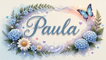 Paula horizontal diseño 4 - Composición magica con nombre en letra cursiva azul, rodeado de hortensias azules, margaritas blancas y delicadas flores silvestres, enmarcado por suaves remolinos de agua, mariposas azules y destellos estelares sobre un fondo etéreo y romántico.