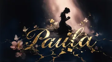Paula horizontal diseño 6 - Composición de ilustración semirrealista cinematográfica con silueta femenina tejiendo un hilo dorado de luz sobre un suelo oscuro fracturado al estilo Kintsugi, donde el nombre resalta en un prominente guión caligráfico dorado que emerge de las grietas, rodeado de flores blancas, mariposas y un fondo degradado de azules profundos iluminado por una luz celestial en tonos melocotón y crema, con una frase de aliento en tipografía blanca en la parte inferior.