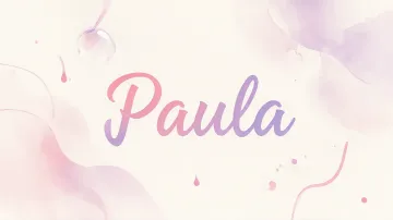 Paula horizontal diseño 7 - Diseño abstracto en acuarela sobre fondo crema, con manchas fluidas y etéreas en rosa pastel y lila, líneas curvas que aportan movimiento, pequeñas gotas salpicadas cayendo verticalmente y una burbuja translúcida en la parte superior izquierda. El nombre resalta al centro con una tipografía cursiva amplia y elegante en degradado rosa a morado.