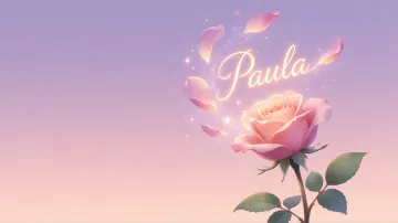 Paula horizontal diseño 8 - Fondo de Pantalla con degradado suave que transiciona de lila en la parte superior a melocotón y rosa pastel en la base, destacando una rosa rosada hiperrealista con tallo y hojas verdes. El nombre brilla en tipografía cursiva con efecto neón cálido, adornado con pétalos cayendo y chispas de luz mágica.