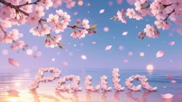 Paula horizontal diseño 9 - Composición serena y onírica con ramas de cerezo en flor (sakura) en la parte superior contra un cielo en degradado de azul suave y lila. Pétalos de color rosa pastel flotan delicadamente en el aire cayendo hacia una superficie de agua tranquila y cristalina. En el centro inferior, el nombre está formado por pétalos de flores con un sutil efecto de relieve 3D y tipografía floral, reflejándose sobre el agua que está iluminada por un cálido destello dorado de luz solar en la esquina inferior derecha.