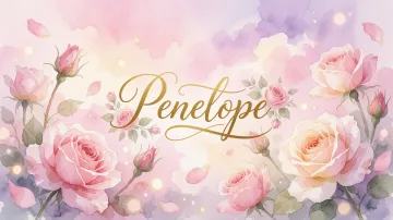 Penelope horizontal diseño 10 - Diseño estilo acuarela con un fondo etéreo y texturizado en nubes de tonos rosa pastel y lila suave. Presenta composiciones de rosas abiertas y capullos en los bordes inferior y superior, con pétalos cayendo delicadamente. Incorpora destellos de luz cálida (efecto bokeh) y, en el centro, resalta una tipografía elegante, cursiva y fluida en color dorado.