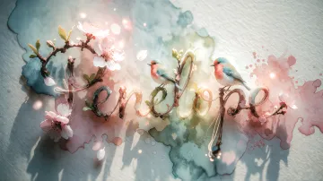 Penelope horizontal diseño 11 - Un delicado diseño de estilo acuarela digital que combina una tipografía de caligrafía personalizada para el nombre en tonos dorados y rosados suaves, adornada con pequeñas hojas y brotes. Un pajarito azul y naranja vibrante está posado en una de las letras. Todo está rodeado por un marco circular de ramas de cerezo en flor con delicadas flores rosadas y blancas. El fondo es un lavado de acuarela difuminado en tonos pastel suaves de azul cerceta, rosa rubor y melocotón sobre una textura de papel rugoso, con destellos luminosos y motas de luz bokeh flotando alrededor, creando una atmósfera mágica y soñadora. Las sombras suaves proyectadas añaden profundidad.