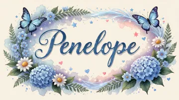 Penelope horizontal diseño 4 - Composición magica con nombre en letra cursiva azul, rodeado de hortensias azules, margaritas blancas y delicadas flores silvestres, enmarcado por suaves remolinos de agua, mariposas azules y destellos estelares sobre un fondo etéreo y romántico.
